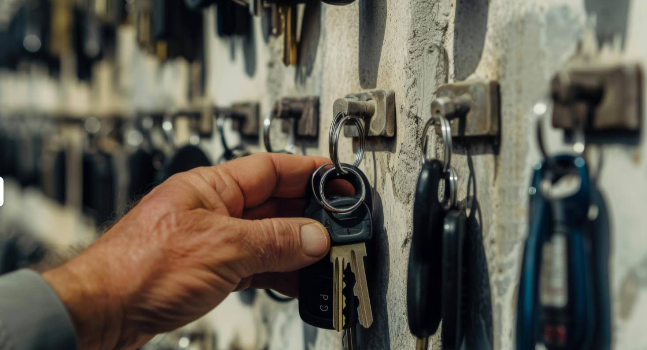 A hand placing keys onto an organized wall rack inside the locksmith shop.
